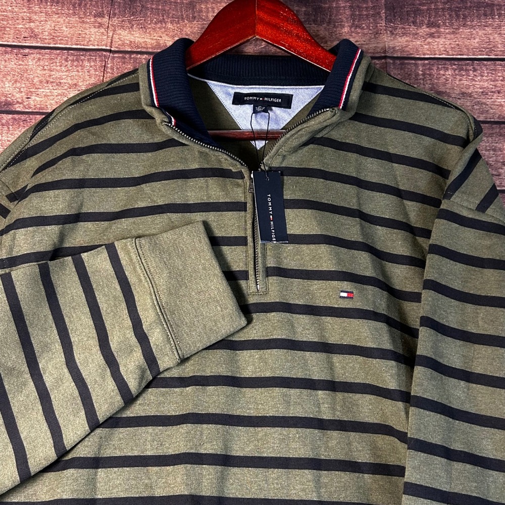 Tommy Hilfiger Mens XL Quarter Zip Pullover Olive Green Black Striped NWT